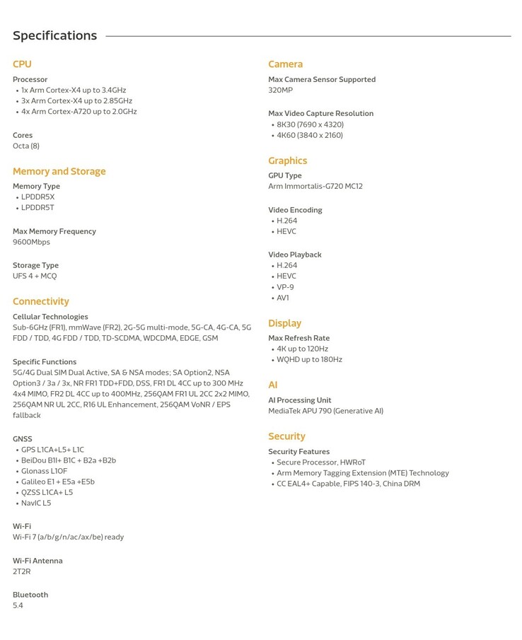 Especificaciones del MediaTek Dimensity 9300+ (imagen vía MediaTek)