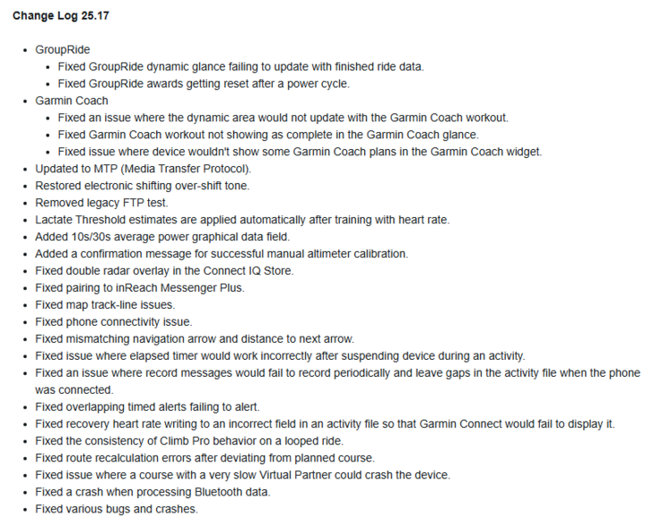 El registro de cambios de la actualización beta 25.17 para los dispositivos Garmin X40 Edge. (Fuente de la imagen: Garmin)