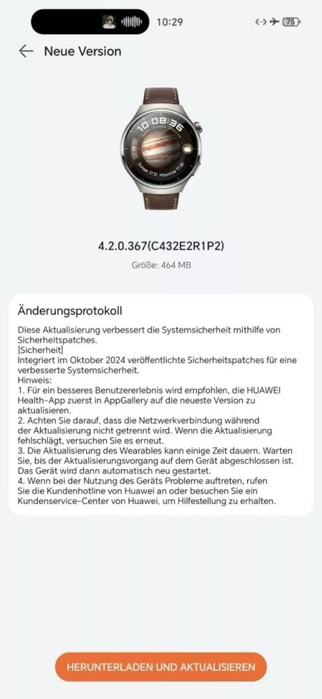 Las notas de la versión 4.2.0.367 del software para el Huawei Watch 4 Pro. (Fuente de la imagen: Huaweiblog.de vía Google Translate)