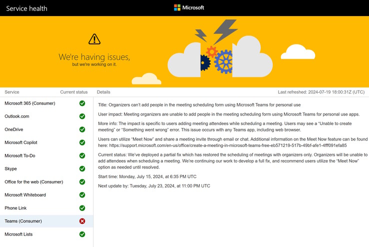 Estado del servicio de Microsoft a las 06:30 pm UTC del 19 de julio de 2024. Sólo Teams sigue afectado por la interrupción de Azure. (Fuente de la imagen: Microsoft)