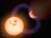 Una imagen que muestra un exoplaneta y una estrella en el universo.