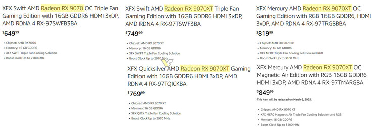 Precios indicativos de las tarjetas XFX RX 9070 y RX 9070 XT. (Fuente de la imagen: VideoCardz)