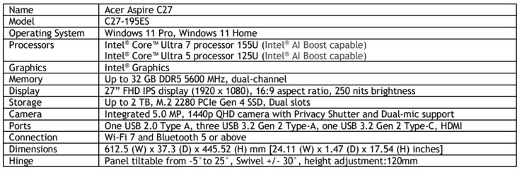 Especificaciones del Acer Aspire C27 Intel Meteor Lake (Fuente de la imagen: Acer)