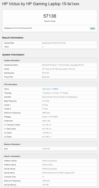 Nvidia GeForce RTX 3050 A Puntuación OpenCL de Geekbench (fuente de la imagen: Geekbench)