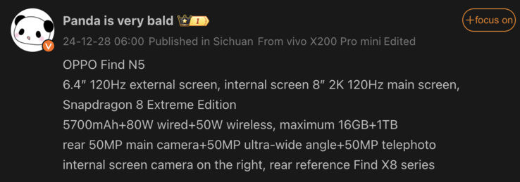 Detalles filtrados del Oppo Find N5. (Fuente de la imagen: Weibo - traducción automática)