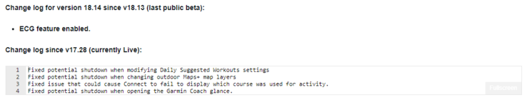 El registro de cambios de la versión beta 18.14 de Garmin. (Fuente de la imagen: Garmin)