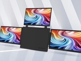 La imagen muestra el monitor portátil Acer PD163Q-P3, que cuenta con una carcasa central rodeada por tres pantallas de 15,6 pulgadas y 1080p situadas a los lados.