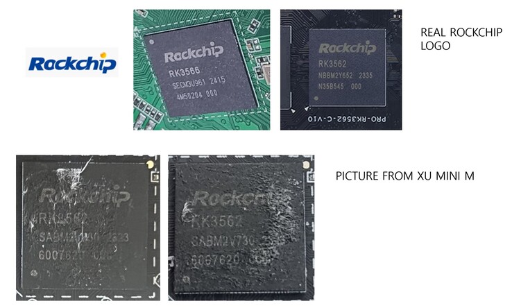 Una comparación lado a lado del logotipo legítimo de Rockchip, junto a una imagen de la consola portátil MagicX XU Mini M. (Fuente de la imagen: RetroHandhelds on X/Twitter)