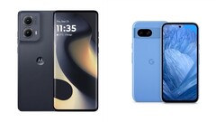 El Motorola Edge 2024 está disponible para su compra únicamente en negro, mientras que el Pixel 8a viene en cuatro colores, incluido el Bay (azul). (Fuente de la imagen: Motorola, Google - editado).