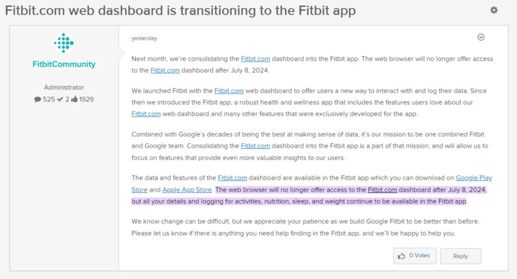 El post del foro que anuncia la retirada del tablero web de Fitbit.com.