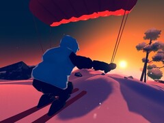 En la imagen: Foto de la puesta de sol vista por encima del hombro mientras vuela en parapente utilizando el modo foto del juego (Fuente: Captura de pantalla dentro de Studio Gauntlet's Sno: Ultimate Freeriding)