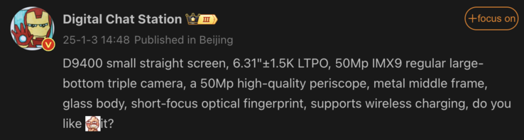 Especificaciones filtradas del Oppo Find X8 Mini. (Fuente de la imagen: Weibo - machine translated)