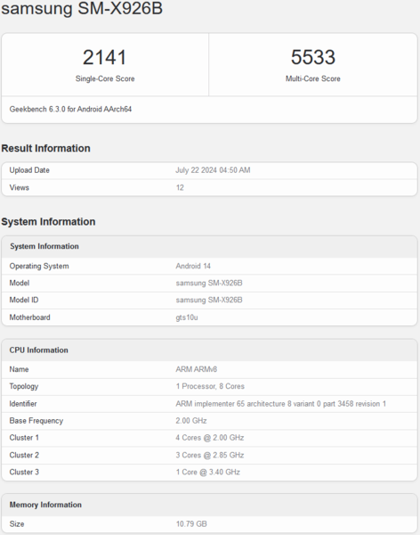 Samsung Galaxy Tab S10 Ultra listado en Geekbench (fuente de la imagen: Geekbench)