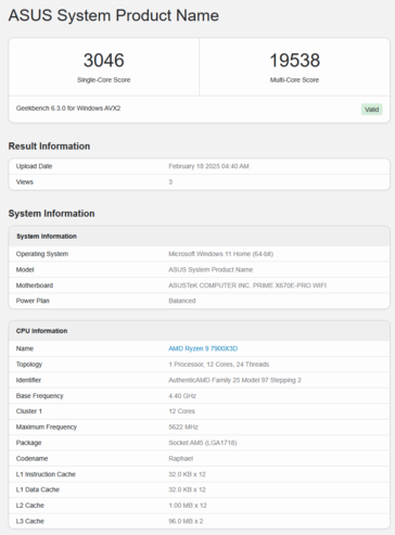 Ryzen 9 7900X3D Geekbench (fuente de la imagen: Geekbench)