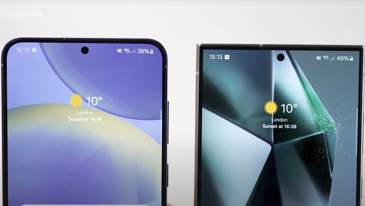 Al final de la prueba comparativa, la Galaxy S24+ (izquierda) tiene significativamente menos tiempo de autonomía restante en comparación con la Galaxy S24 Ultra (derecha, imagen: TheTechChap)
