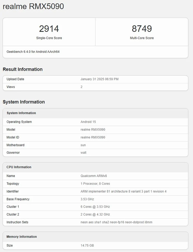 El "Realme GT 7" llega a Geekbench con especificaciones de buque insignia. (Fuente: Realme)