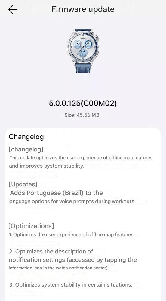 El registro de cambios de la versión de actualización 5.0.0.125 para el smartwatch Huawei Watch GT 5. (Fuente de la imagen: Huaweiblog.de vía Google Translate)