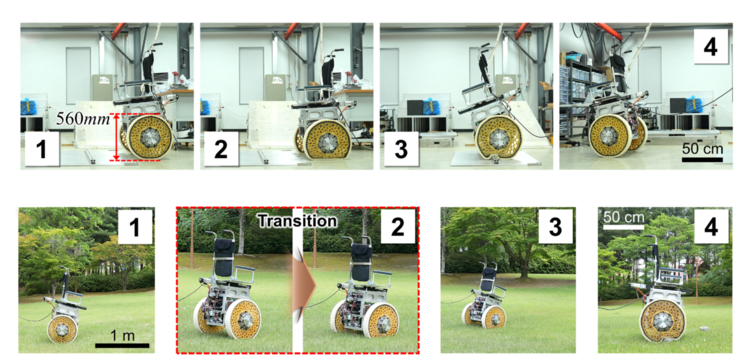 Un sistema de silla de ruedas de dos ruedas superando un obstáculo cuadrado y una roca. (Fuente de la imagen: KIMM)