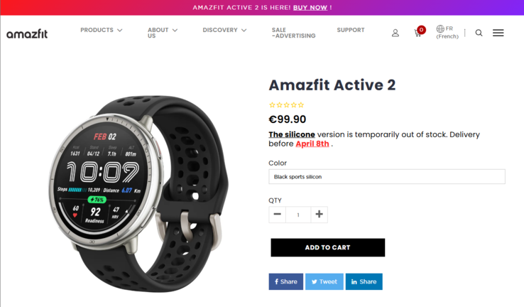 El smartwatch Amazfit Active 2 aparece como agotado en algunos países europeos. (Fuente de la imagen: Amazfit)