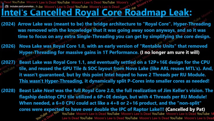 Hoja de ruta de la CPU Intel Royal Core. (Fuente de la imagen: Moore's Law Is Dead en YouTube)