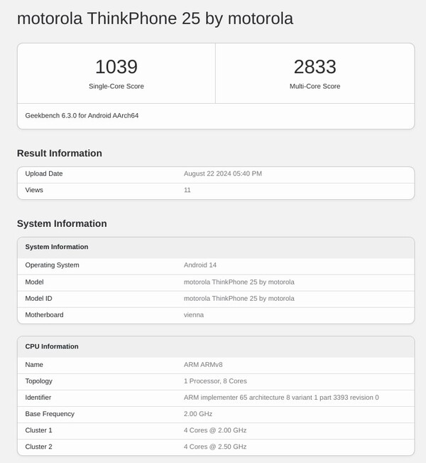 El nuevo ThinkPhone aparece con 8 GB de RAM, pero es probable que haya otras configuraciones. (Fuente de la imagen: Geekbench)