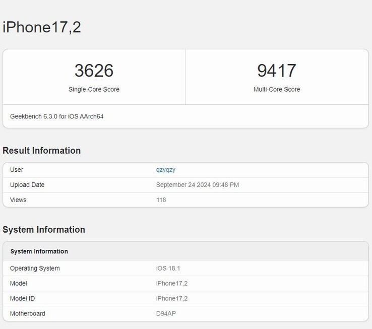 Apple Las recientes puntuaciones de Geekbench del A18 Pro revelan un aumento significativo de su rendimiento. (Fuente de la imagen: Geekbench)