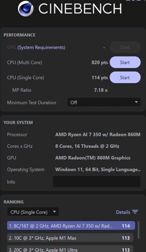 Puntuación de AMD Ryzen AI 7 350 Cinebench 2024 (fuente de la imagen: Weibo)