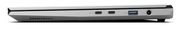 Derecha: USB-C 3.2 Gen. 2 (10 Gbit/s, DisplayPort 1.4a, compatible con G-Sync, sin Power Delivery), USB-C 4.0 con Thunderbolt 4 (40 Gbit/s, DisplayPort 2.1, Power Delivery), USB-A 3.2 Gen. 2 (10 Gbit/s, con alimentación), alimentación en