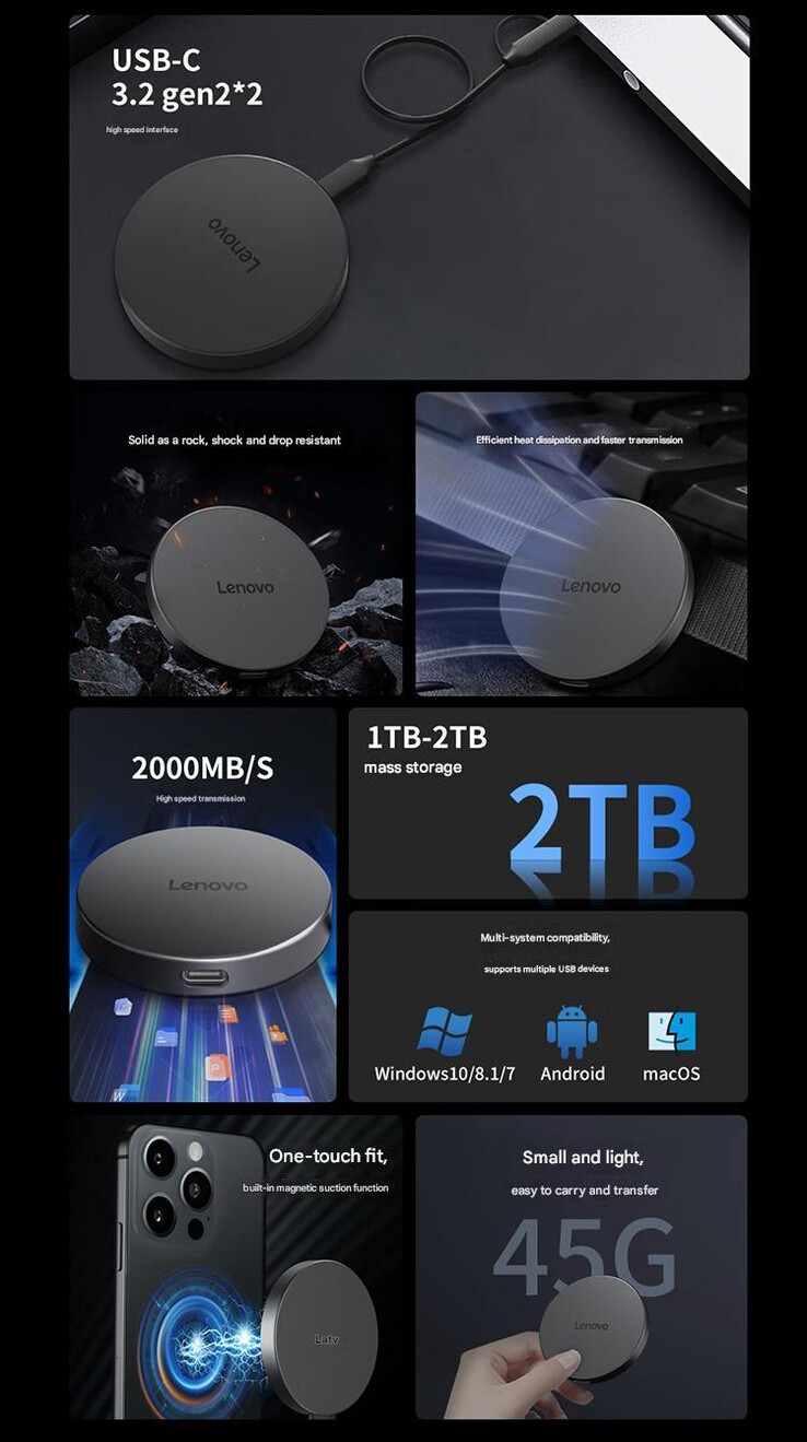 Principales características de la unidad SSD magnética portátil Lenovo Y910 (Fuente de la imagen: Lenovo - traducción automática)