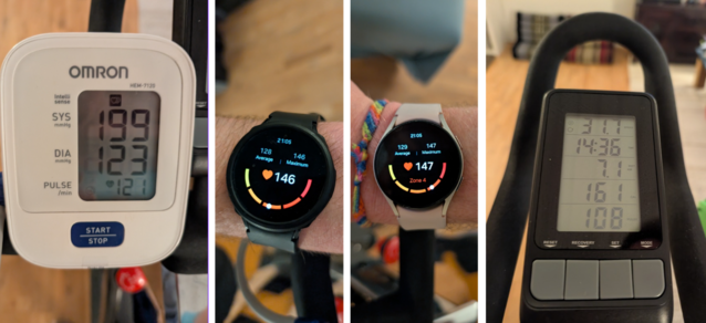 Comparación de ejercicios - Izquierda: Omron. Centro izquierda: Galaxy Watch 4. Centro Derecha: Galaxy Reloj 5. Derecha: Bicicleta (Fuente de la imagen: David Devey / Notebookcheck)