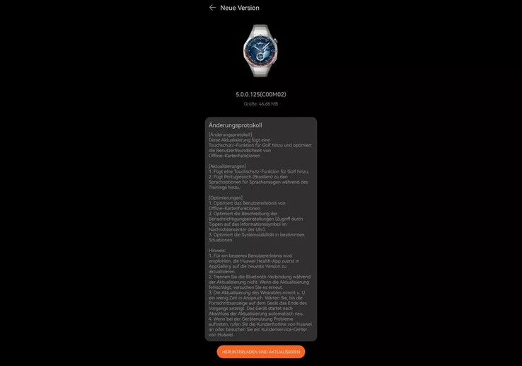 El registro de cambios de la versión de firmware 5.0.0.125 para el Huawei Watch GT 5 Pro. (Fuente de la imagen: Huaweiblog.de)