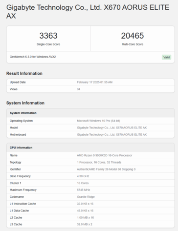 Ryzen 9 9950X3D Geekbench (fuente de la imagen: Geekbench)