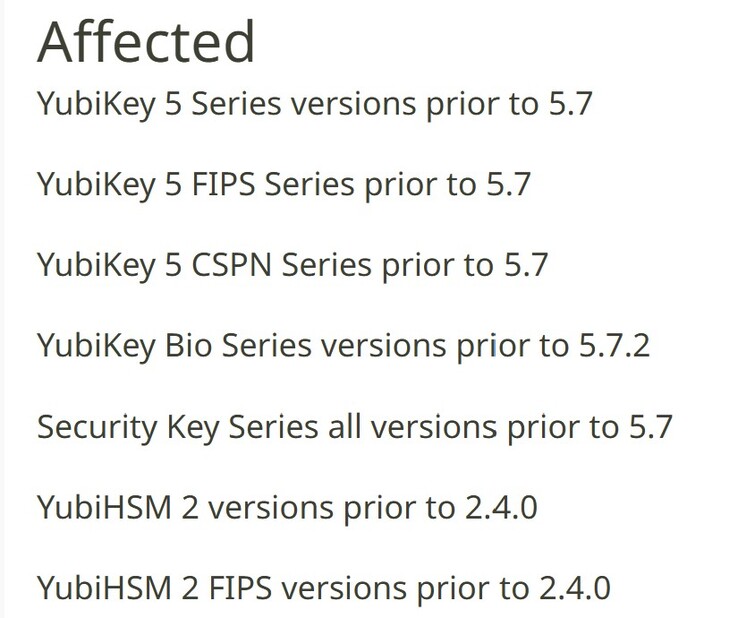 Los dispositivos enumerados son vulnerables al fallo de seguridad, por lo que los usuarios deberían plantearse sustituirlos. (Fuente de la imagen: Yubico)
