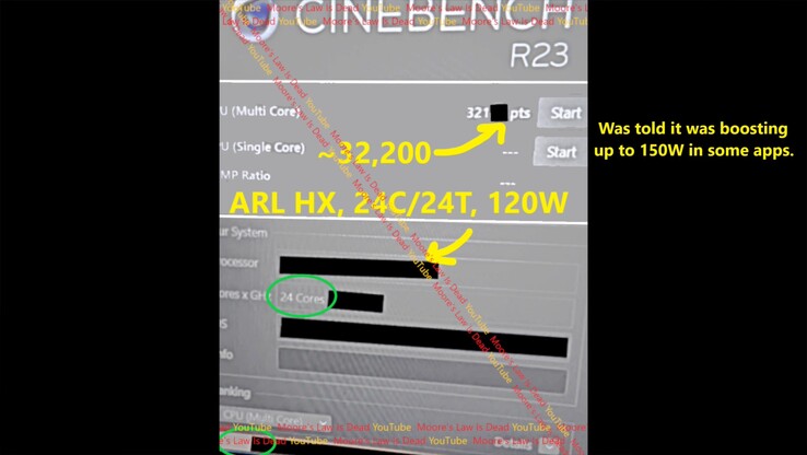 Rendimiento del Arrow Lake HX Cinebench R23. (Fuente de la imagen: Moore's Law Is Dead en YouTube)