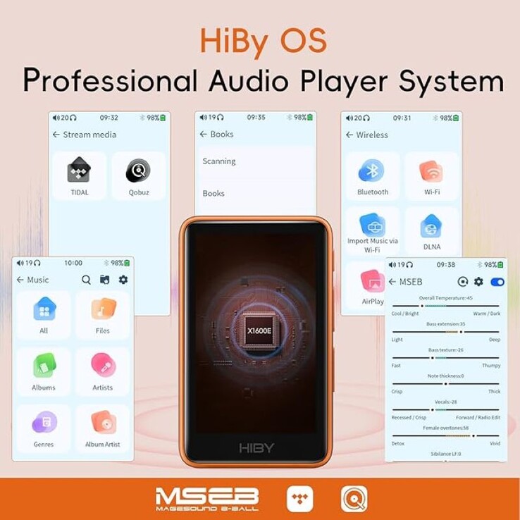 El HiBy R1 utiliza un sistema operativo basado en Linux que admite streaming y reproducción local de música en alta resolución, y viene con controles de audio MSEB para un ajuste matizado del audio. (Fuente de la imagen: HiBy Music)