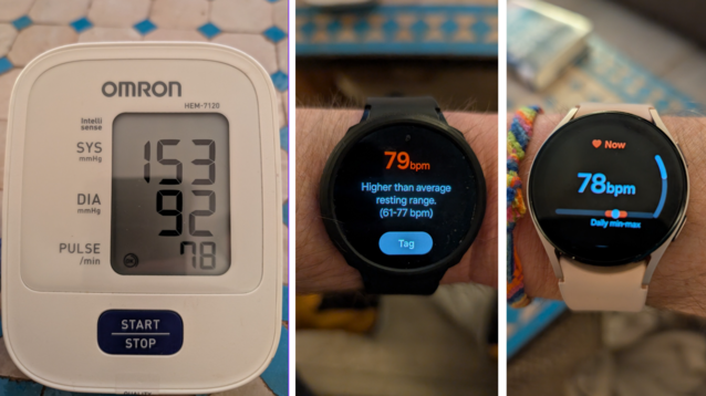 Comparación en reposo - Izquierda: Omron. Centro: Galaxy Watch 4. Derecha: Galaxy Reloj 5. Hasta ahora, muy preciso. Mejor ignorar el BP por ahora. (Fuente de la imagen: David Devey / Notebookcheck)