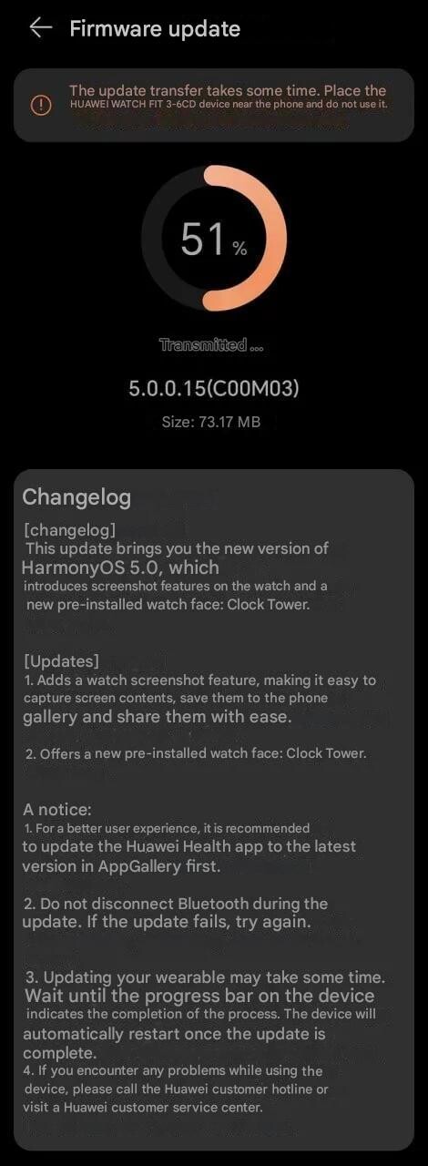 Las notas de la versión 5.0.0.15 para el Watch Fit 3. (Fuente de la imagen: Huaweiblog.de vía Google Translate)