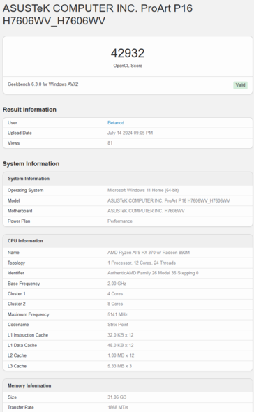 Puntuación de AMD Radeon 890M en Geekbench OpenCL (imagen vía Geekbench)