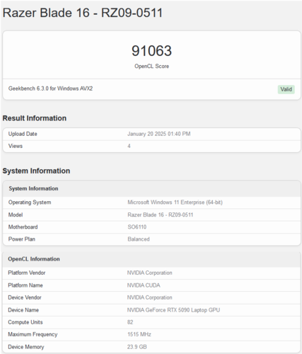 Resultado en Geekbench de la tarjeta gráfica RTX 5090 del portátil GeForce (fuente de la imagen: Geekbench)