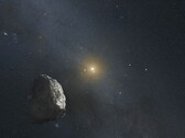 Una ilustración en la que se muestran un asteroide y una estrella.