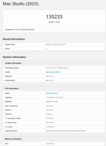 Apple M2 Ultra Puntuación Geekbench GPU OpenCL (imagen puntuación Geekbench)