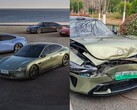 El Xiaomi SU7 salió mucho peor parado en la colisión con el Tesla Model Y. (Fuente de la imagen: Xiaomi/@Tslachan - editado)