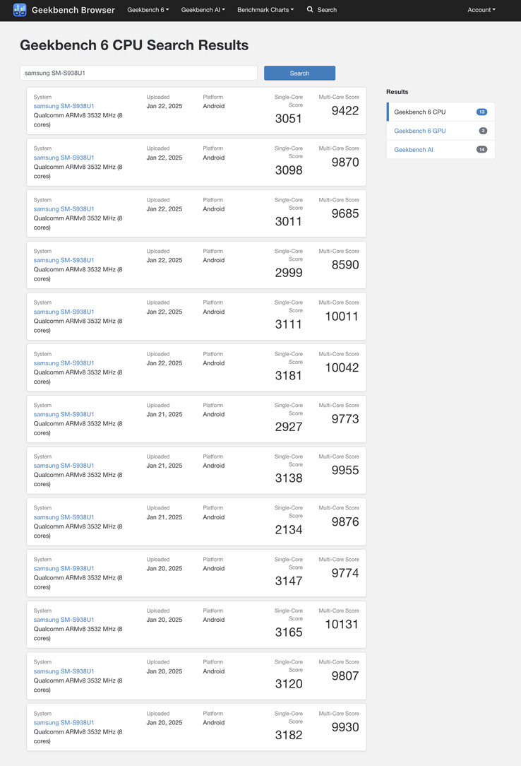 El Snapdragon 8 Elite para Galaxy parece ofrecer poca mejora perceptible del rendimiento de la CPU en Geekbench. (Fuente de la imagen: Geekbench)