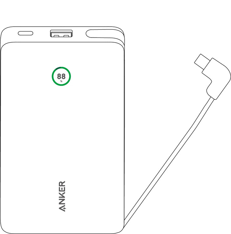 El Anker Nano Power Bank 20K con cable USB-C integrado, tal y como se filtró en un boceto en agosto. (Fuente de la imagen: Anker vía Reddit)