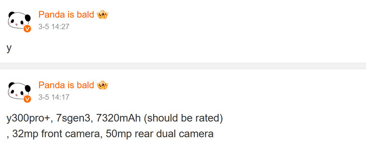 El núcleo de especificaciones del Vivo Y300 compartido por Panda es calvo (Fuente de la imagen: Weibo - machine translated)