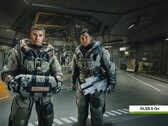Dos personajes de Starfield en unas instalaciones futuristas con Nvidia DLSS 5 activado