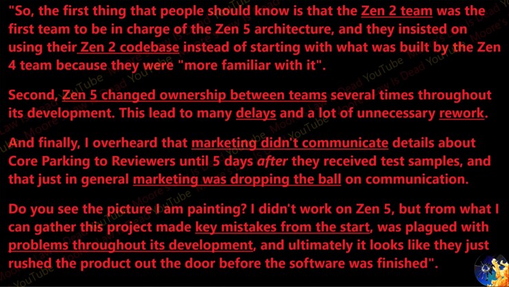 Se dice que Zen 5 estaba en el infierno del desarrollo. (Fuente de la imagen: Moore's Law Is Dead en YouTube)