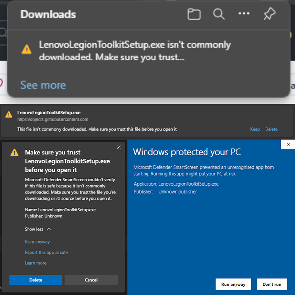 Mire, en esto último Windows ya tiene muy claro lo de "vigilarle por el software potencialmente arriesgado", no necesito oír a Edge decir lo mismo tres veces distintas. (Fuente de la imagen: Propio)