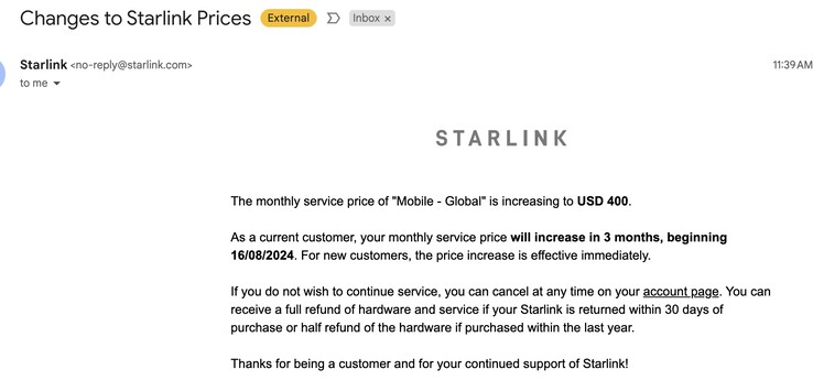 Los precios de Internet Starlink para el nivel Global Móvil se duplicarán