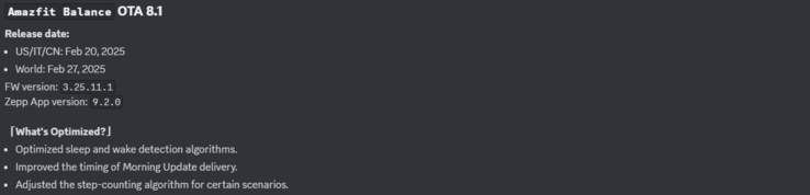 Las notas de la versión de la actualización Amazfit Balance OTA 8.1. (Fuente de la imagen: Zepp Health vía Discord)